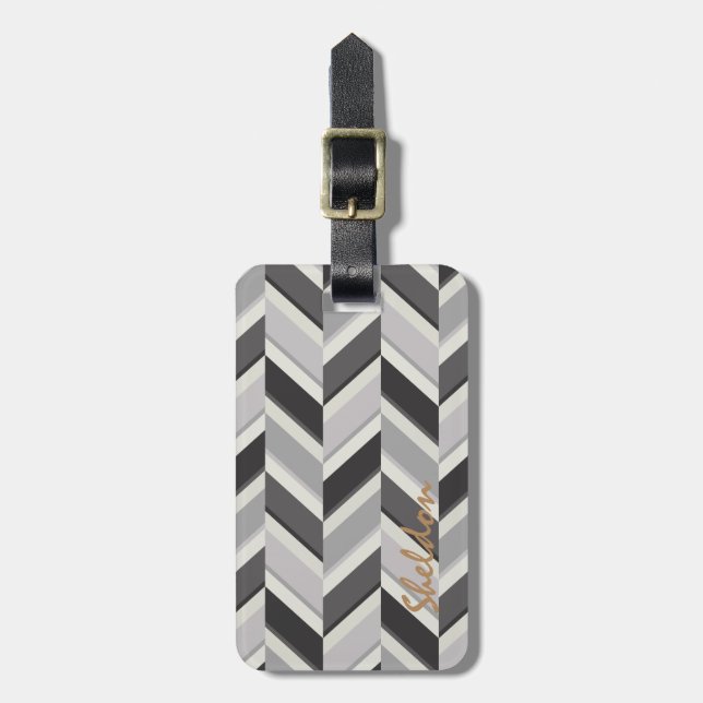 Étiquette À Bagage Monogramme géométrique de motif de chevron gris (Devant Vertical)