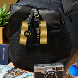 Étiquette À Bagage Monogramme géométrique moderne or et bande noire 2