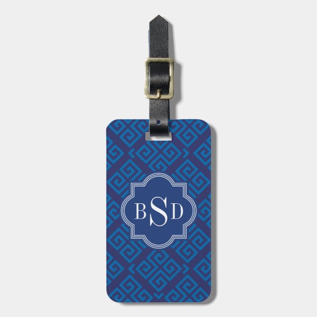 Étiquette À Bagage Monogramme géométrique principal grec bleu chic de (Devant Vertical)