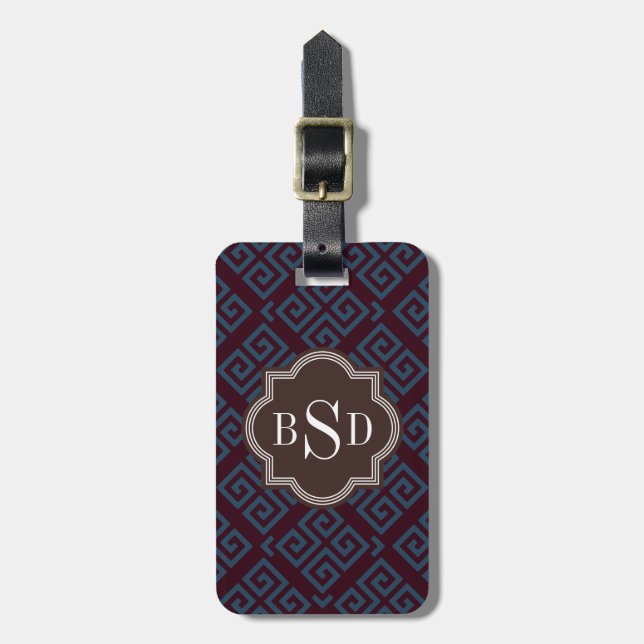 Étiquette À Bagage Monogramme géométrique principal grec brun chic de (Devant Vertical)