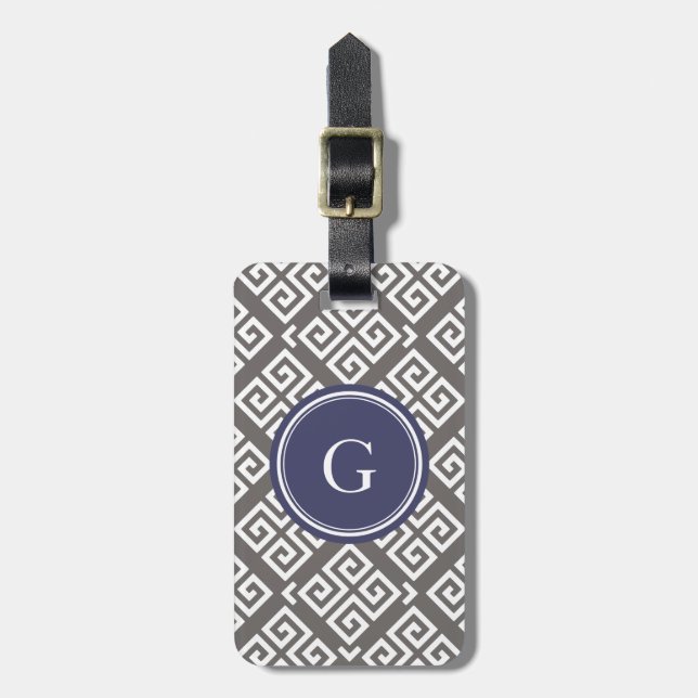 Étiquette À Bagage Monogramme géométrique principal grec gris chic de (Devant Vertical)