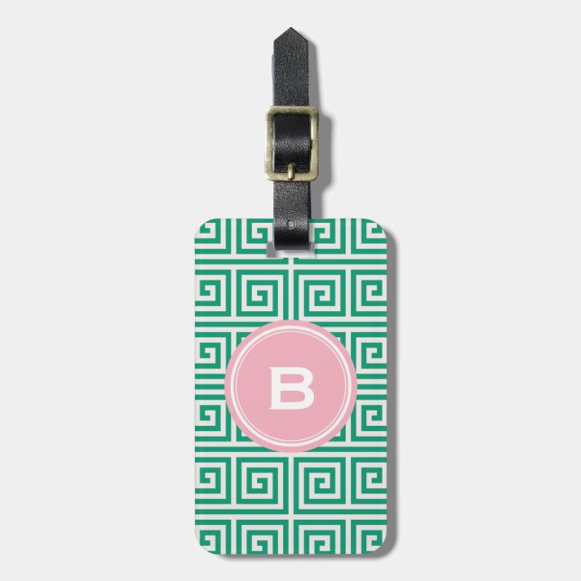 Étiquette À Bagage Monogramme géométrique principal grec vert chic de (Devant Vertical)