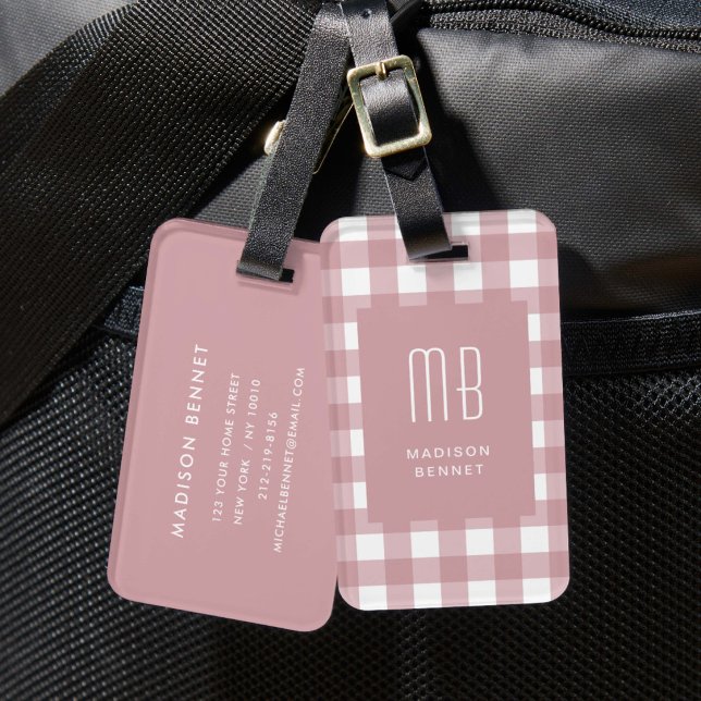 Étiquette À Bagage Monogramme Gingham Rose Poussiéreux Élégant (Elegant Dusty Pink Gingham Monogram Luggage Tag
)