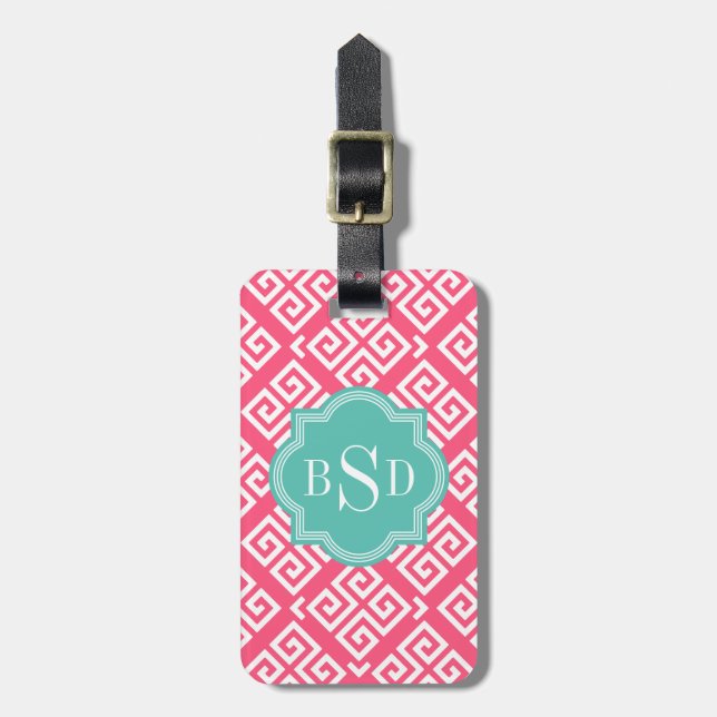 Étiquette À Bagage Monogramme grec girly rose chic de motifs (Devant Vertical)