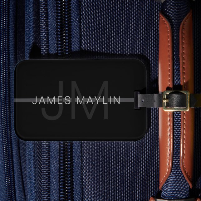 Étiquette À Bagage Monogramme gris foncé, nom et bande géométrique (Insitu Rectoal 4)