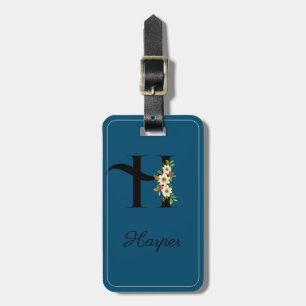 Étiquette À Bagage Monogramme H Fleur d'aquarelle cobalt Bagage Balis
