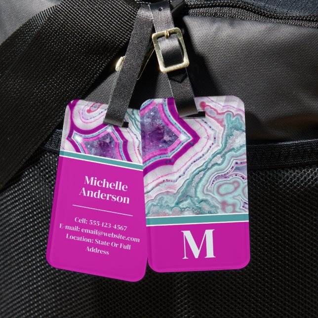 Étiquette À Bagage Monogramme Initial Élégant Agate (Elegant Turquoise Magenta Stone Initial Monogram Luggage Tag)