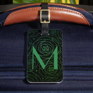 Étiquette À Bagage Monogramme Initial Fleurs Sombres Rose Vert Bleu