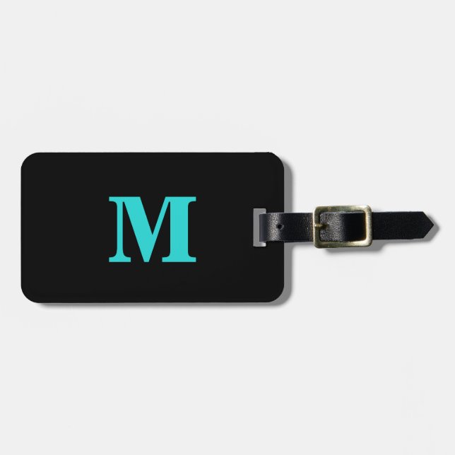 Étiquette À Bagage Monogramme Initial Nom personnalisé Noir Turquoise (Devant horizontal)
