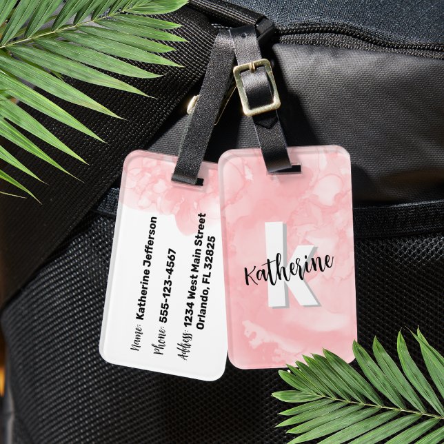 Étiquette À Bagage Monogramme initiale aquarelle rose (Cute Pink Watercolor Initial Monogram Luggage Tag)
