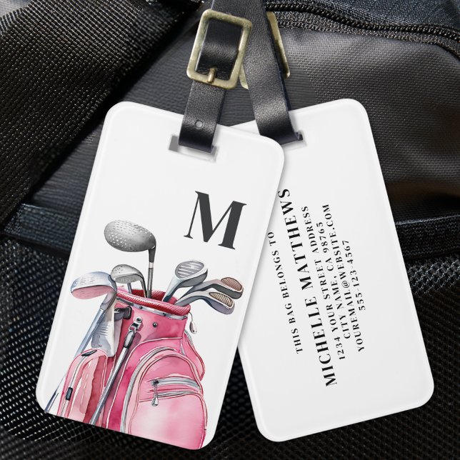 Étiquette À Bagage Monogramme Initiale de Golf Rose (Pink Monogram Initial Golf Luggage Tag)