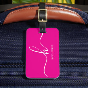 Étiquette À Bagage Monogramme Initiale Élégant Rose Blanc Nom de Scri