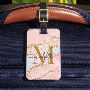 Étiquette À Bagage Monogramme Initiale Pailleté Or Rose Élégant