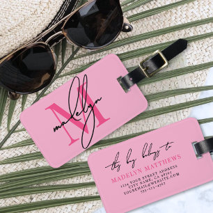 Étiquette À Bagage Monogramme Initiale Personnalisé Moderne Rose Nom