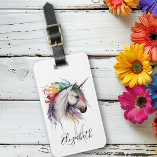 Étiquette À Bagage Monogramme Licorne Aquarelle Arc-en-ciel