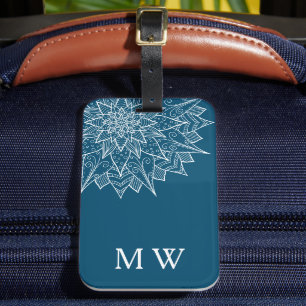 Étiquette À Bagage Monogramme Mandala Bleu Élégant