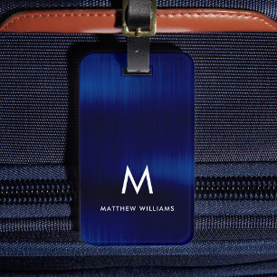 Étiquette À Bagage Monogramme Marine Bleu Faux Métal Acier Stylisé Pe