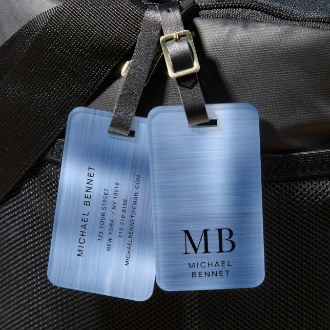 Étiquette À Bagage Monogramme Métal Brossé Bleu Élégant (Elegant Blue Brushed Metal Monogrammed Luggage Tag)