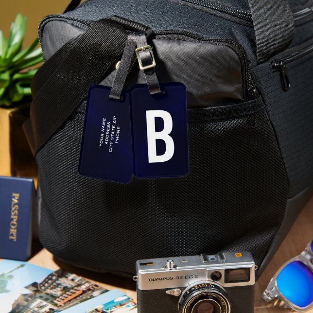 Étiquette À Bagage Monogramme métallique brossé bleu marine (Recto & Verso)