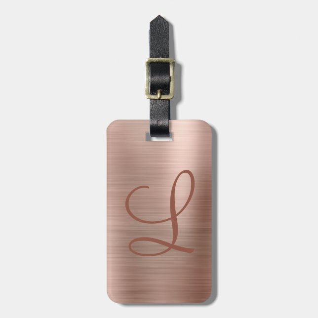 Étiquette À Bagage Monogramme métallique brossé Chic Rose Gold Initia (Devant Vertical)
