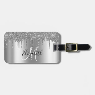 Étiquette À Bagage Monogramme métallique pailleté gouttes d'argent