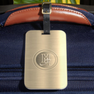 Étiquette À Bagage Monogramme métallisé or gravé en acier