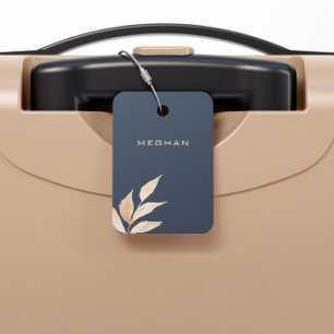 Étiquette À Bagage Monogramme minimaliste de feuille d'or bleu marine