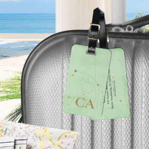 Étiquette À Bagage Monogramme minimaliste Gold Sage Green Avion