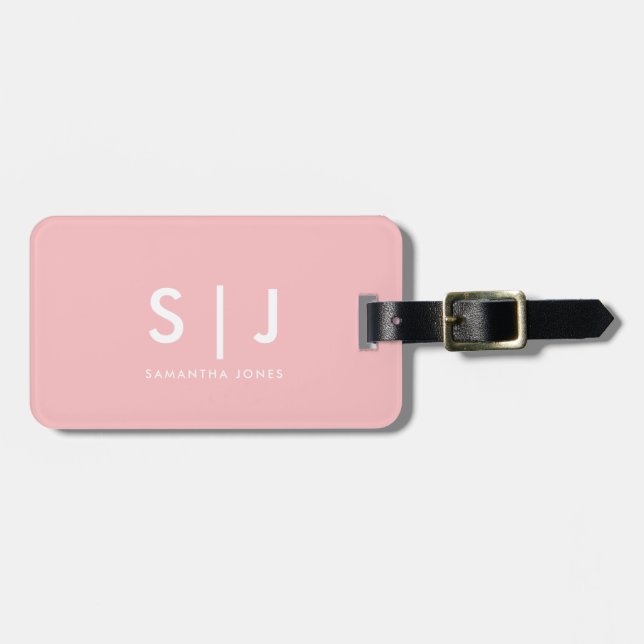 Étiquette À Bagage Monogramme minimaliste simple et moderne rose et b (Devant horizontal)