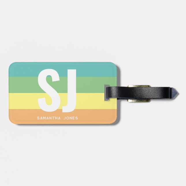 Étiquette À Bagage Monogramme Moderne Arc-en-ciel Gras Stripes Initia (Dos horizontal)