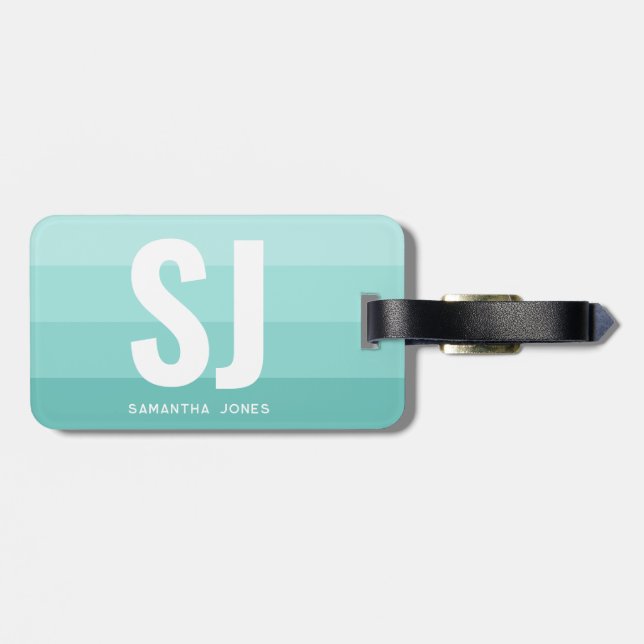 Étiquette À Bagage Monogramme Moderne Arc-en-ciel Turquoise Bleu Bleu (Dos horizontal)