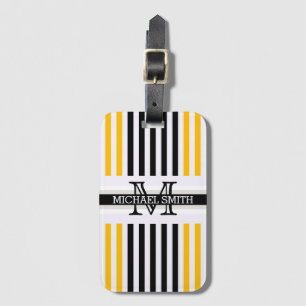 Étiquette À Bagage Monogramme Moderne Black Amber Stripes Motif