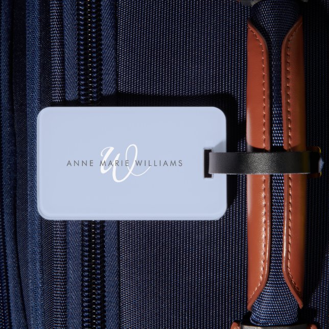 Étiquette À Bagage Monogramme Moderne Bleu Blanc Script (Verso Insitu 2)