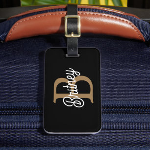 Étiquette À Bagage Monogramme moderne élégant Nom Black Gold Script