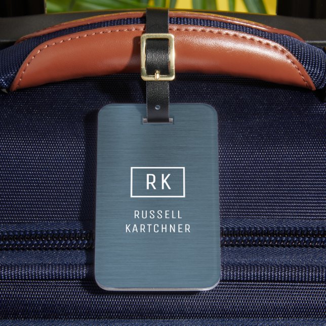 Étiquette À Bagage Monogramme moderne en métal brossé bleu marine (Insitu Rectoal 2)
