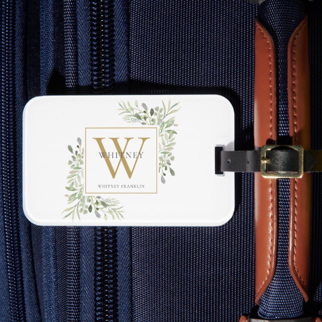 Étiquette À Bagage Monogramme Moderne en Or avec Feuillage Personnali (Insitu Rectoal 4)