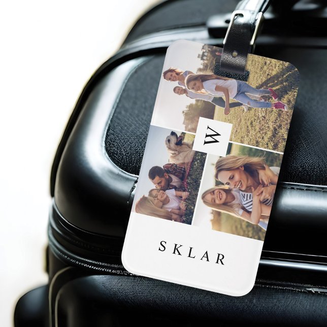 Étiquette À Bagage Monogramme moderne Famille personnalisée Collage p (Modern Monogram Custom Family Photo Collage Luggage Tag)