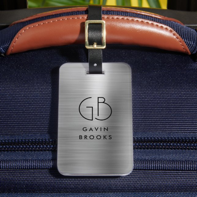 Étiquette À Bagage Monogramme moderne Gris argenté Métallique brossé (Insitu Rectoal 2)