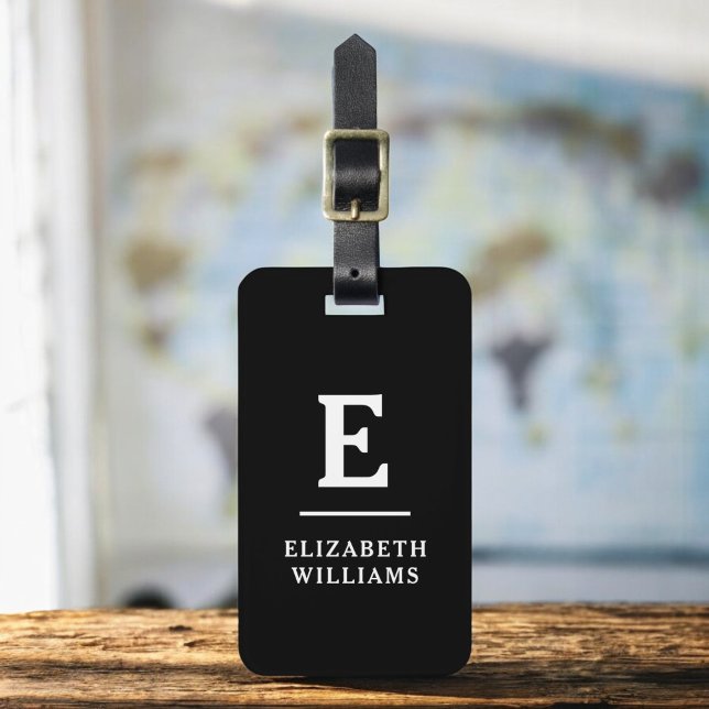 Étiquette À Bagage Monogramme moderne minimaliste noir blanc (Créateur téléchargé)