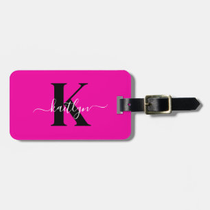 Étiquette À Bagage Monogramme moderne noir écriture cursive rose chau