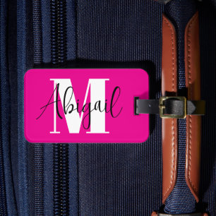 Étiquette À Bagage Monogramme moderne noir et blanc rose chaud