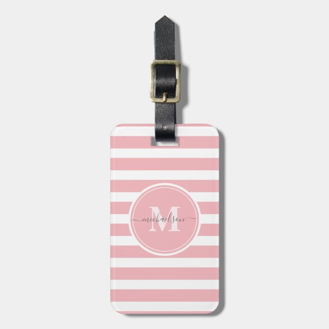 Étiquette À Bagage Monogramme moderne rose et blanc (Devant Vertical)