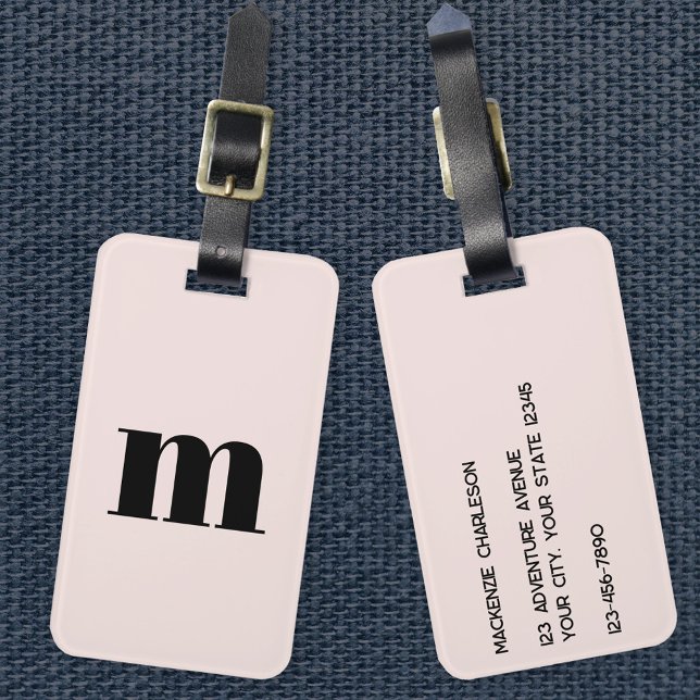 Étiquette À Bagage Monogramme moderne rose initial (Modern lower case monogram personalized blush pink luggage tag)