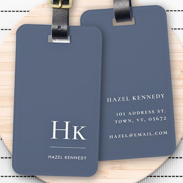 Étiquette À Bagage Monogramme moderne Simple Elégant Marine Bleu Blan (Créateur téléchargé)