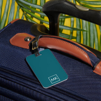 Étiquette À Bagage Monogramme moderne Turquoise foncé et blanc