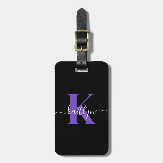 Étiquette À Bagage Monogramme Moderne Violet Noir Script (Devant Vertical)