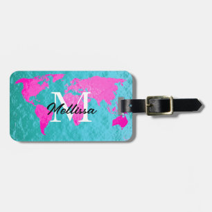 Étiquette À Bagage Monogramme Monogramme Turquoise bleu rose or Cool