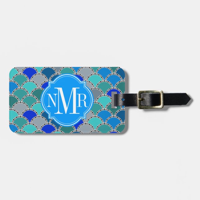 Étiquette À Bagage Monogramme Motif de balance gris Turquoise bleu tu (Devant horizontal)