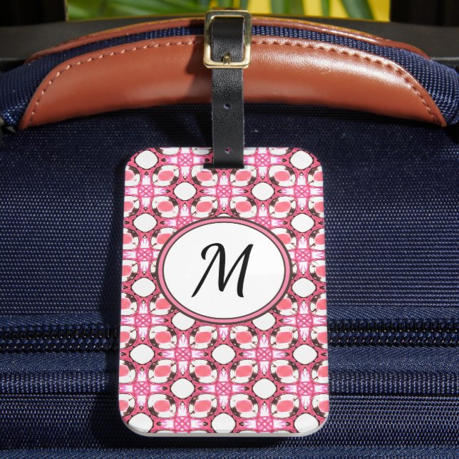 Étiquette À Bagage Monogramme Motif géométrique du cercle blanc rose (Insitu Rectoal 2)