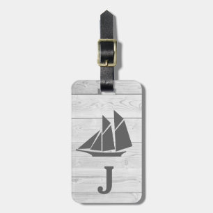 Étiquette À Bagage Monogramme Nautique Bois Blanc & Gris Voilier